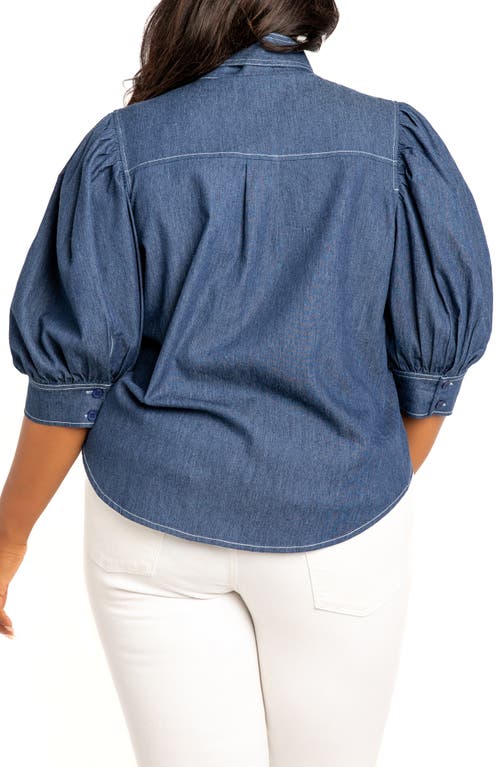 Buxom Couture Bow Neck Denim Shirt In Denim Blue