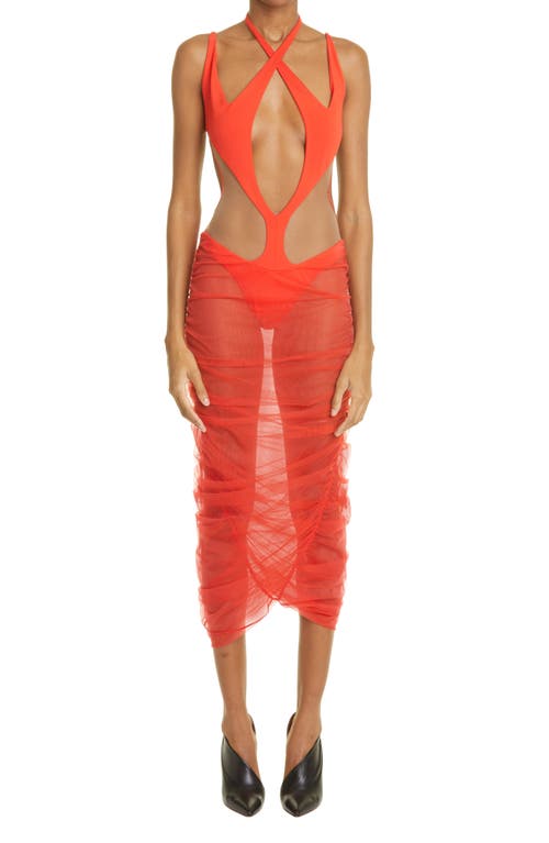 MUGLER Cutout Bodysuit Midi Dress in Red /Nude 01