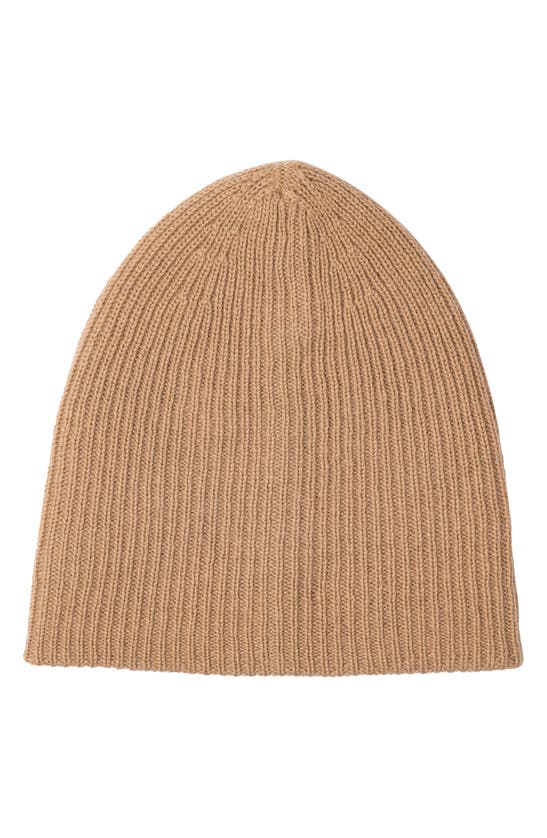 Amicale Cashmere Double Layer Rib Knit Hat In Camel