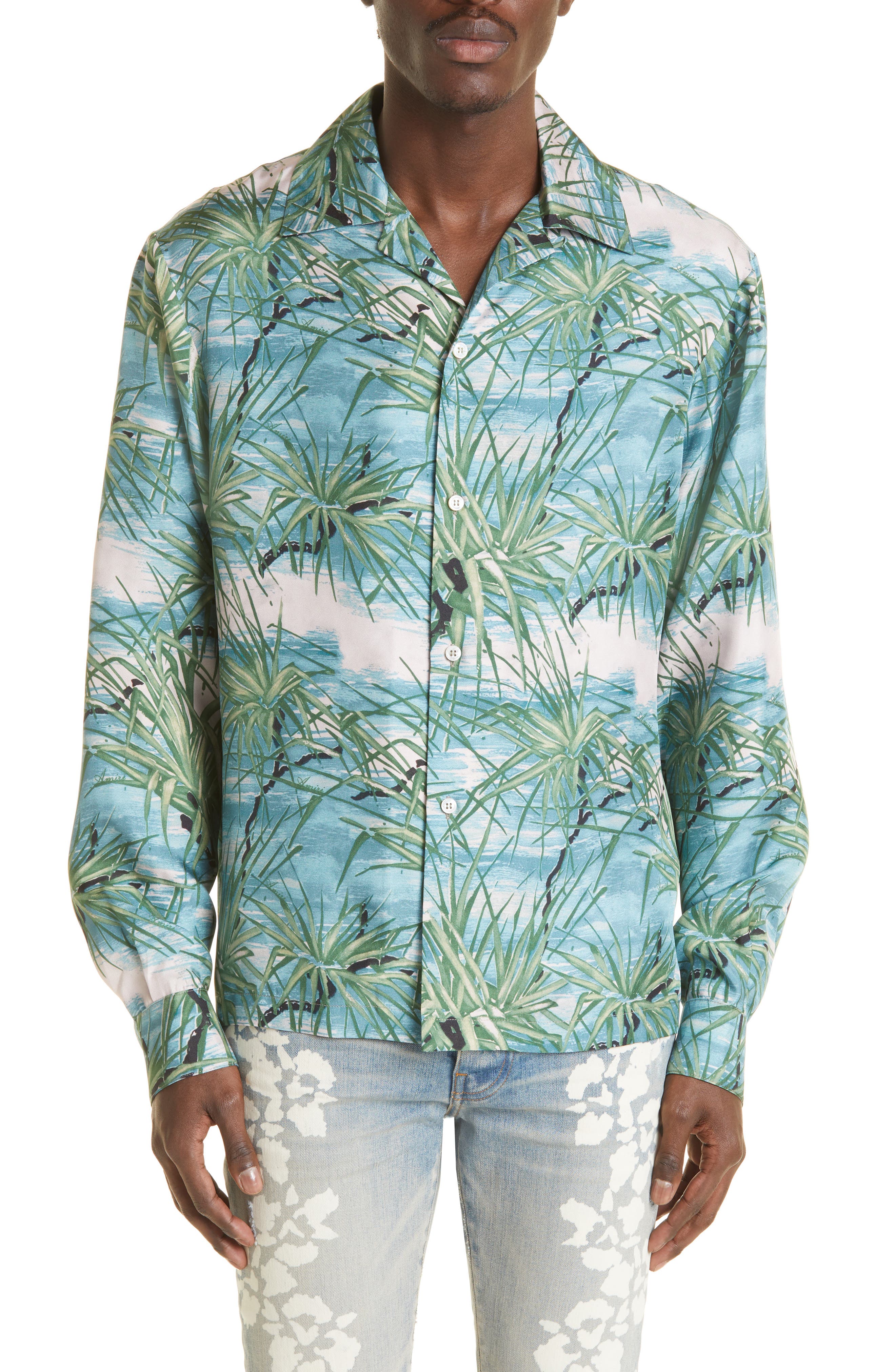 AMIRI Tropical Print Silk Bowling Shirt in Blue