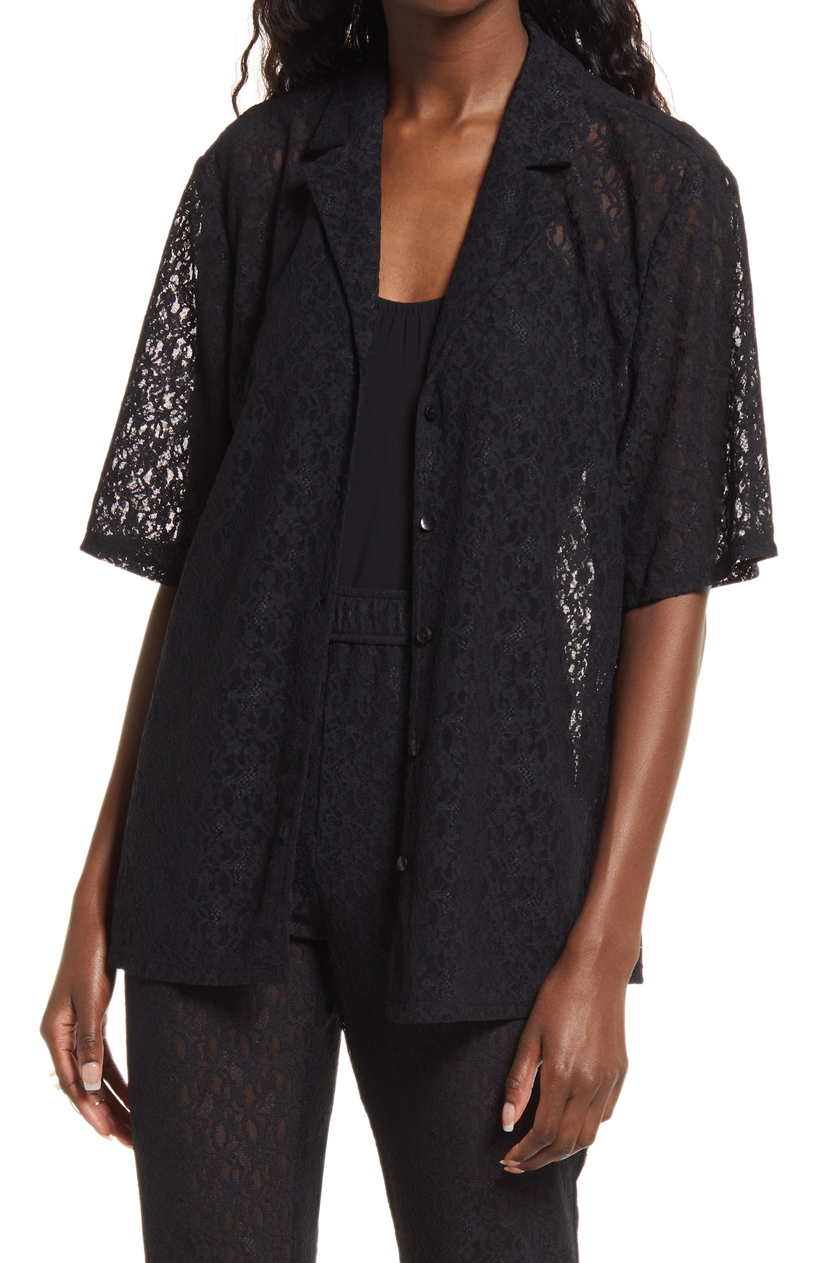 Open Edit Sheer Lace Camp Shirt in Black