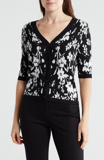 Shop Gemma + Jane Floral Jacquard Elbow Sleeve Cardigan In Black/white