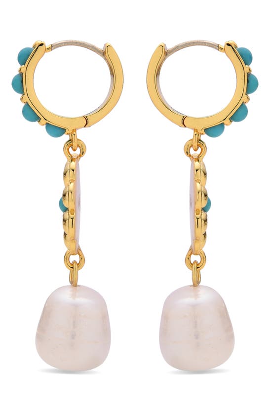 Eye Candy Los Angeles Myla Crystal & Imitation Pearl Drop Huggie Hoop Earrings In Gold