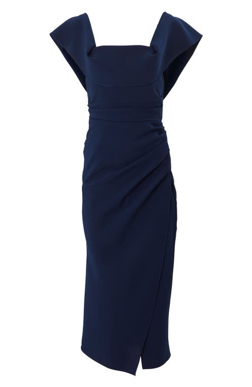 Shop Carolina Herrera Side Ruched Flutter Sleeve Sheath Dress In Midnight