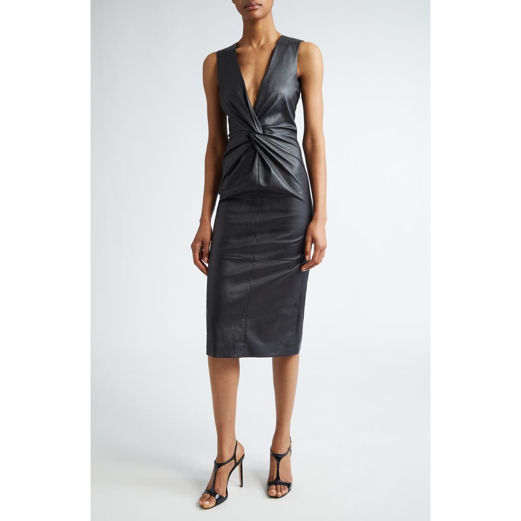Shop Michael Kors Collection Twist Front Leather Midi Dress In Black