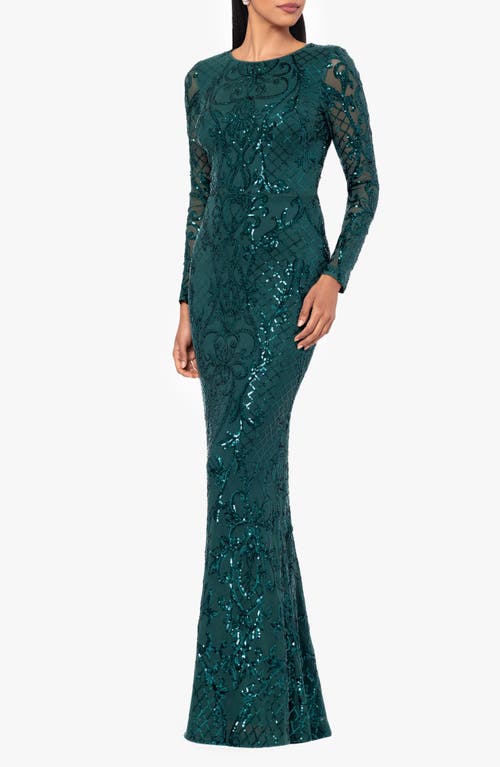 BETSY & ADAM BETSY & ADAM SEQUIN LONG SLEEVE MERMAID GOWN 
