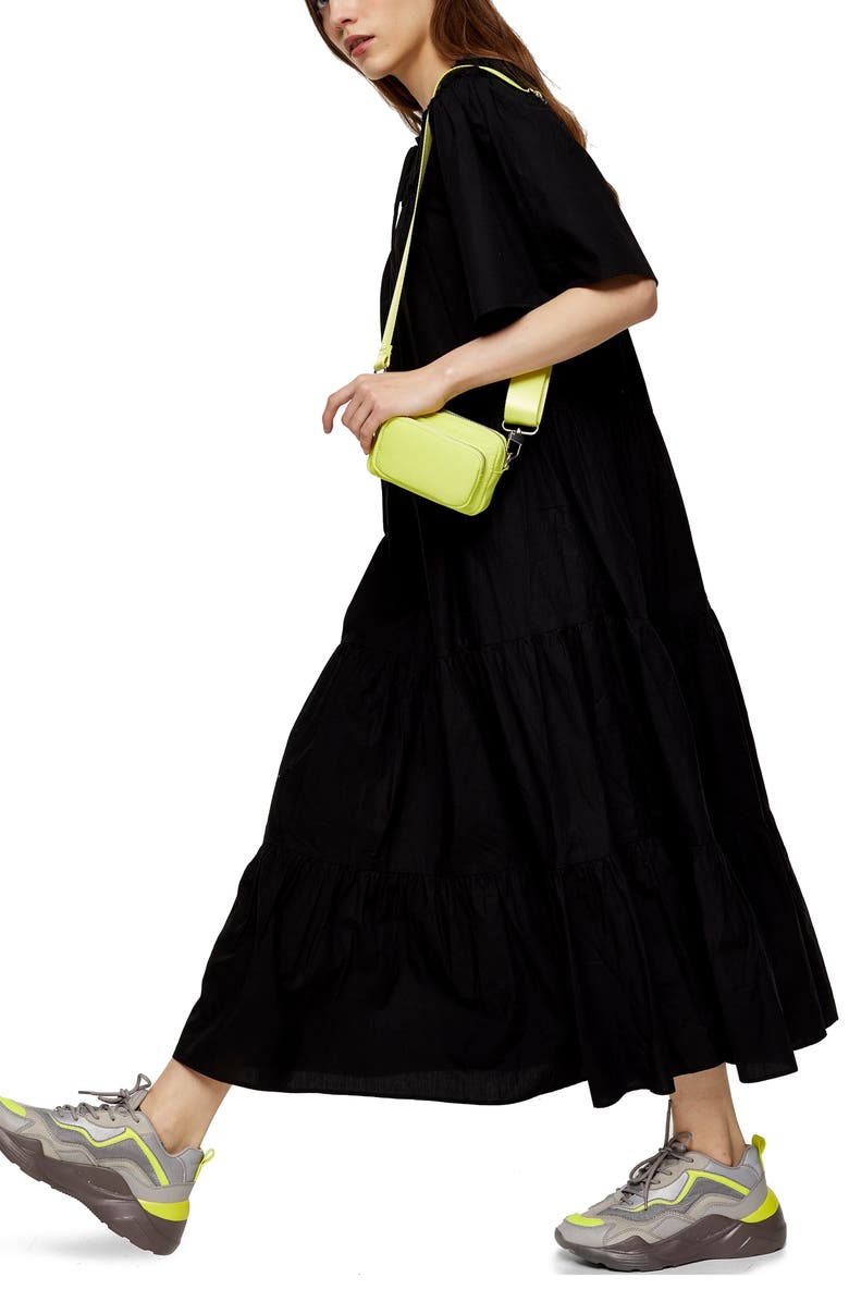 TOPSHOP Smocked Poplin Midi Dress, Alternate, color, BLACK