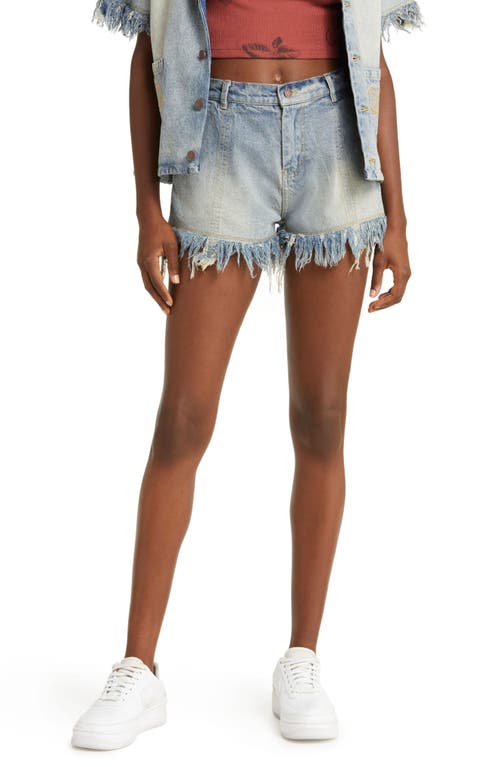 HONOR THE GIFT High Waist Fringe Hem Denim Shorts in Light Indigo