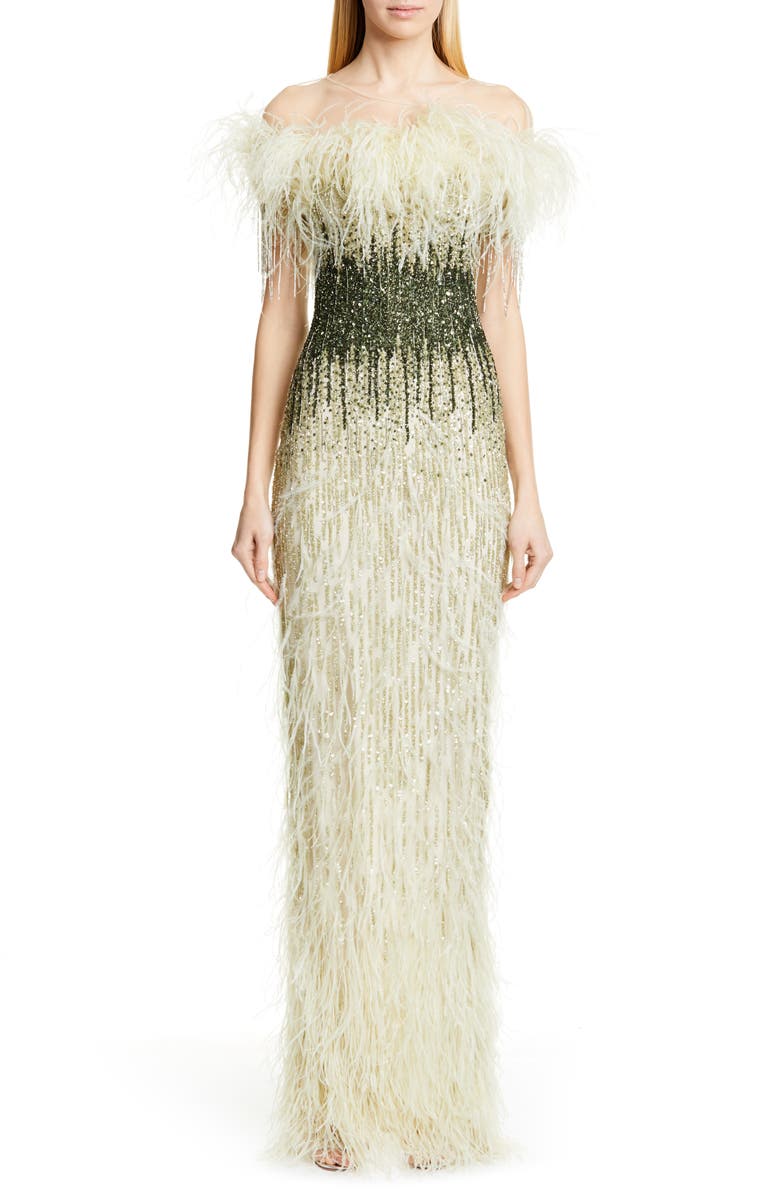 Pamella Roland Off the Shoulder Feather & Sequin Column Gown | Nordstrom