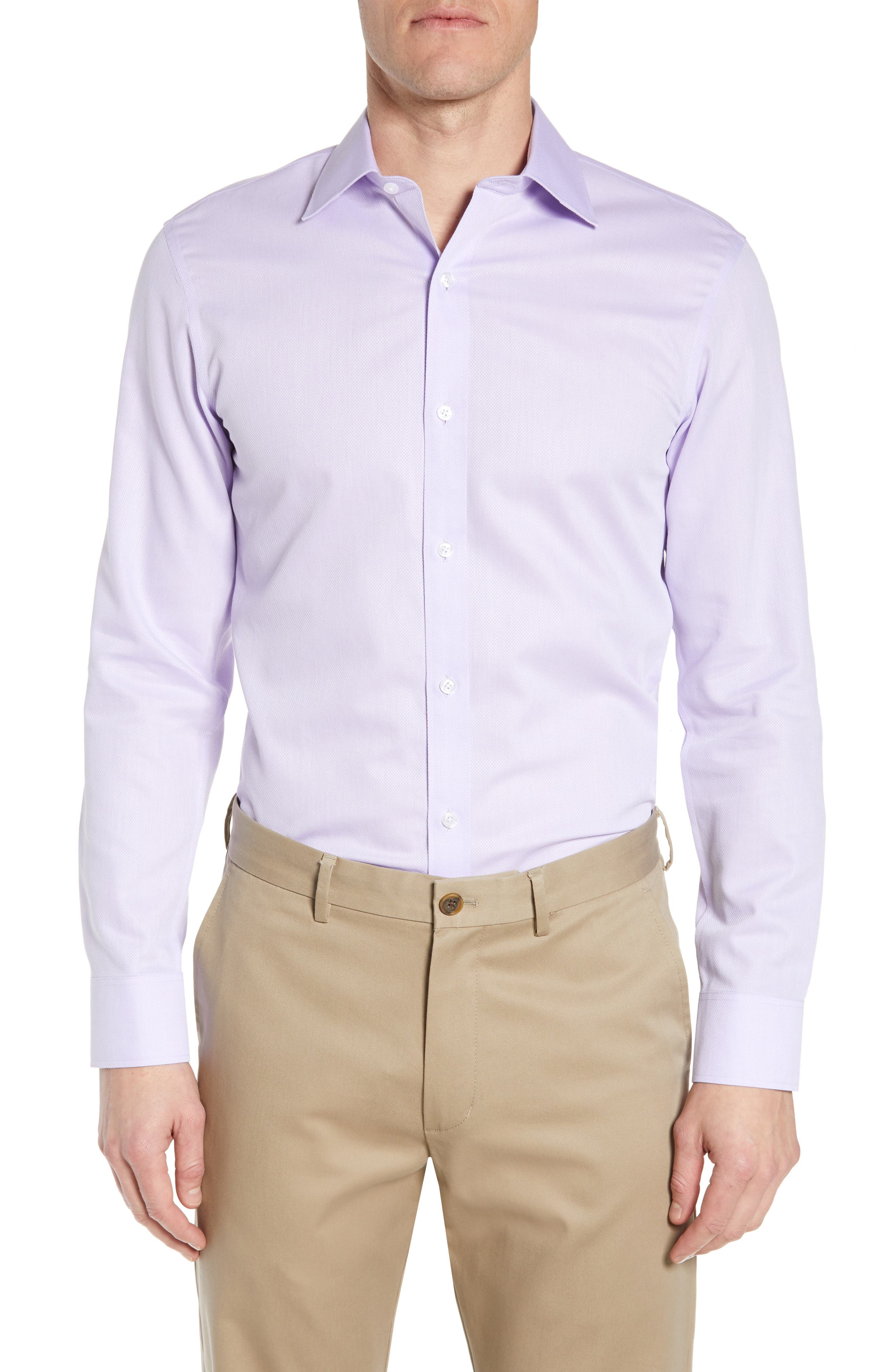 purple shirt beige pants