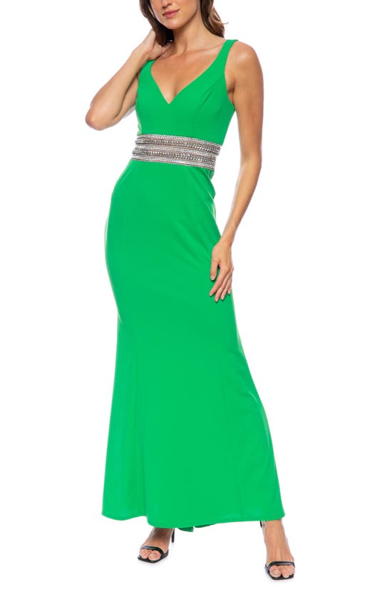 Shop Marina Bead Waist Detail Sleeveless Gown In Green