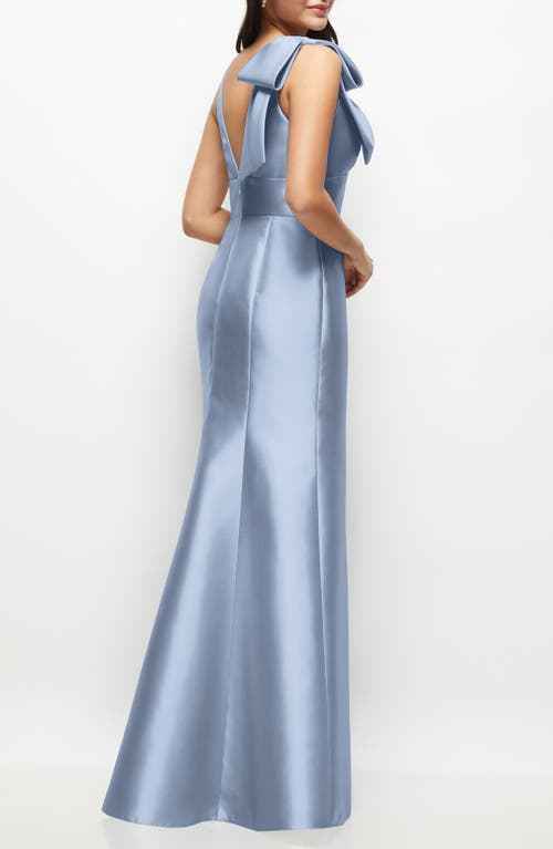 Alfred Sung Deep V-back Satin Trumpet Dress With Cascading Bow At One Shoulder In Cloudy