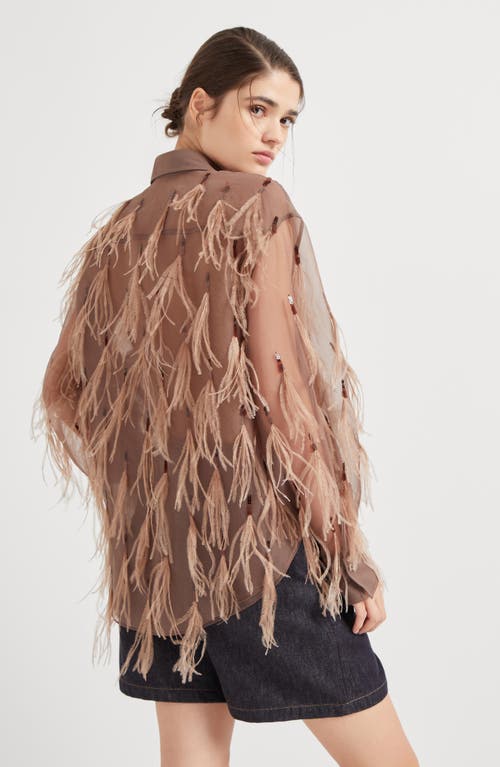 Shop Brunello Cucinelli Crispy Silk Shirt With Dazzling Feather Embroidery In Brown