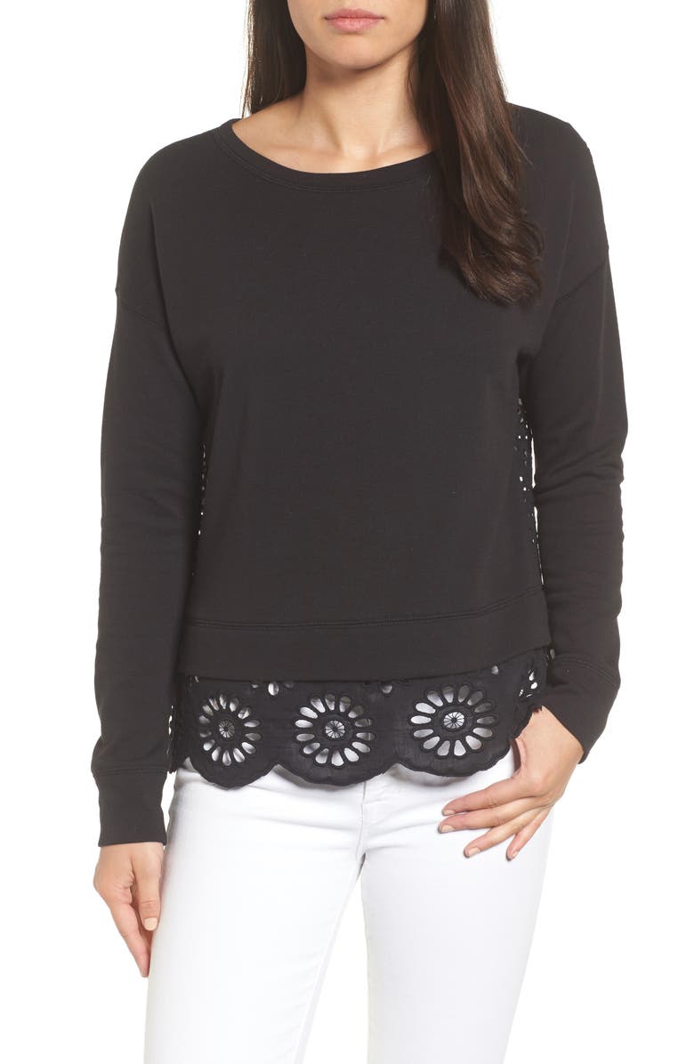 CASLON<SUP>®</SUP> EYELET TRIM SWEATSHIRT, Main, color, Black