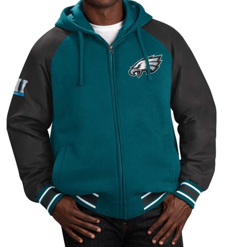Men's G-III Sports by Carl Banks Midnight Green Philadelphia Eagles Defender Raglan Full-Zip Hoodie Varsity Jacket