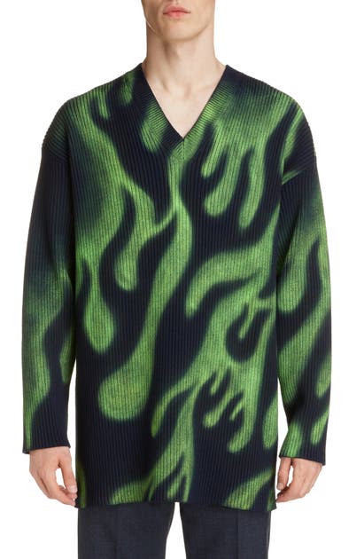 BALENCIAGA FLAME PRINT OVERSIZE V-NECK WOOL BLEND SWEATER,599685T1555