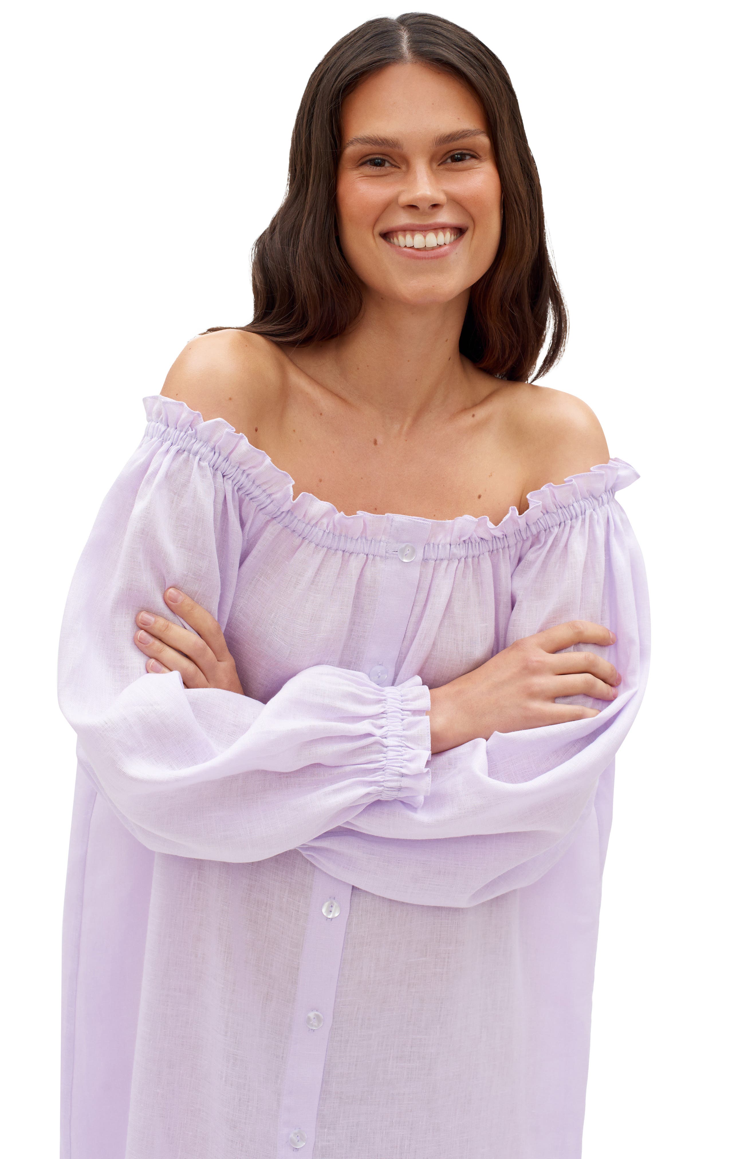 Sleeper Loungewear Long Sleeve Linen Midi Dress in Lavender at Nordstrom