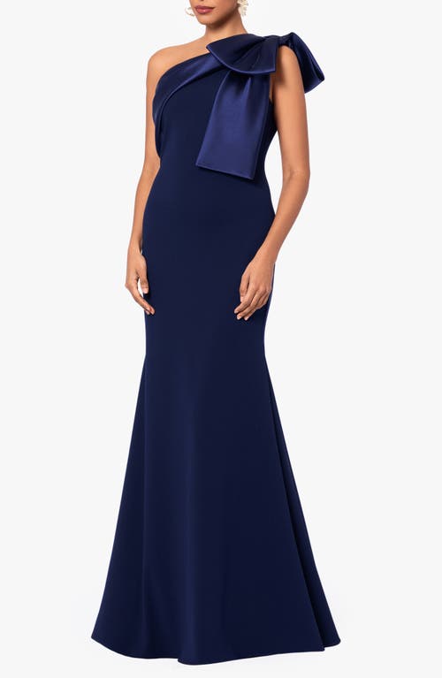 Shop Betsy & Adam Bow One-shoulder Crepe Mermaid Gown In Navy