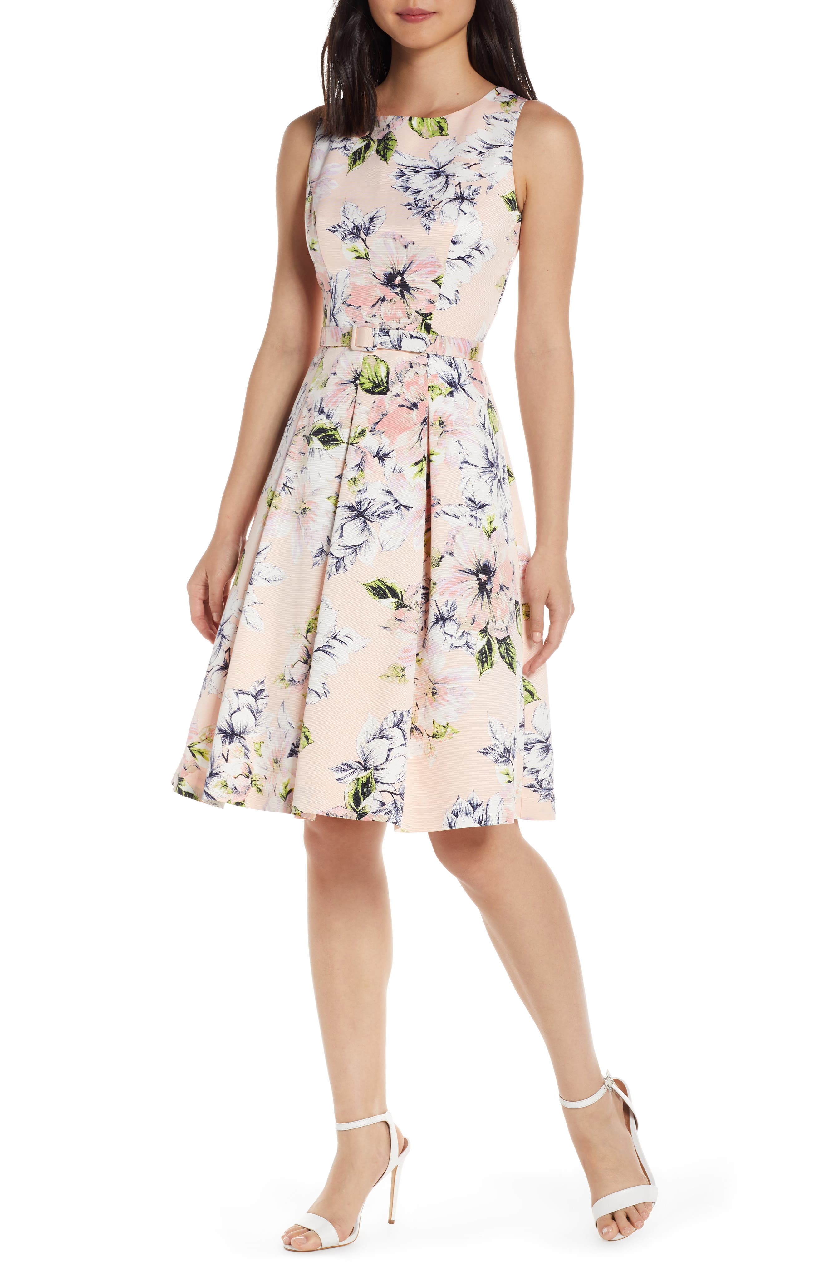 Eliza J Floral Faille Fit & Flare Dress, Pink