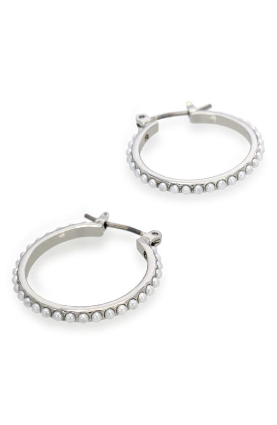Shop Allsaints Imitation Pearl Hoop Earrings In White/ Rhodium