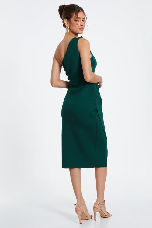Quiz Scuba One-shoulder Trim Ruched Midi Dress In Green