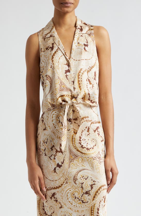 Shop L Agence Amos Paisley Tie Front Sleeveless Shirt In Ivory Multi Boute Paisley