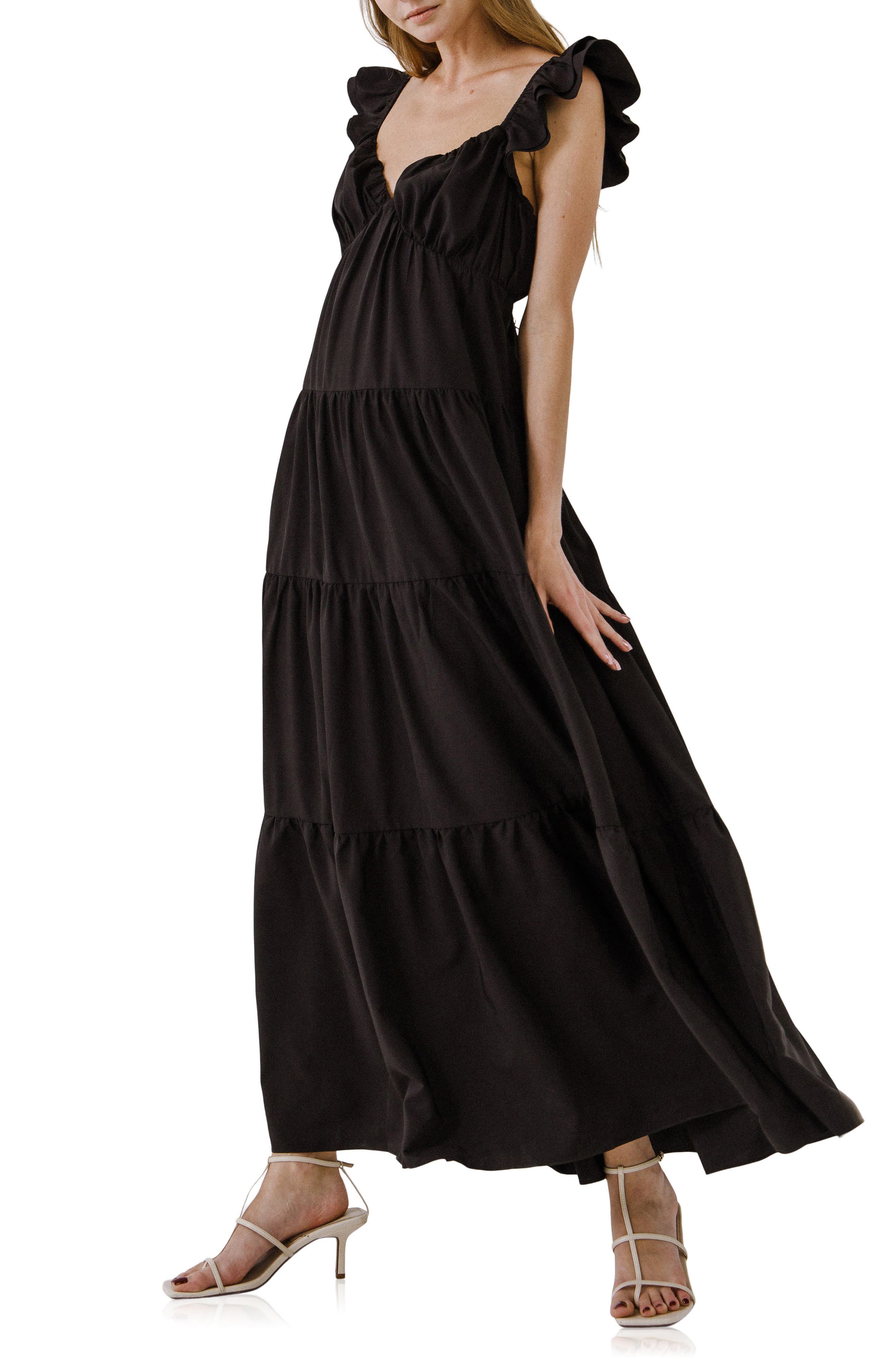 long black dress with ruffles