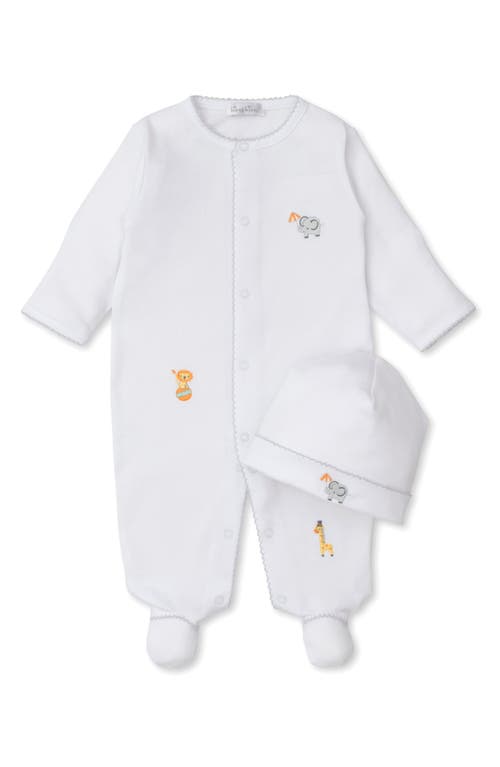 Kissy Kissy Animal Embroidered Pima Cotton Footie & Hat Set In White/silver