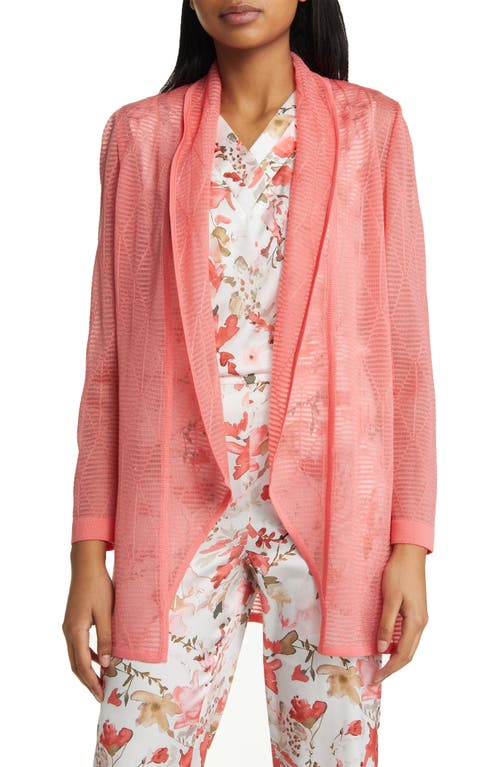 Ming Wang Textured Stripe Sheer Open Front Jacket in Sunkissed Coral
