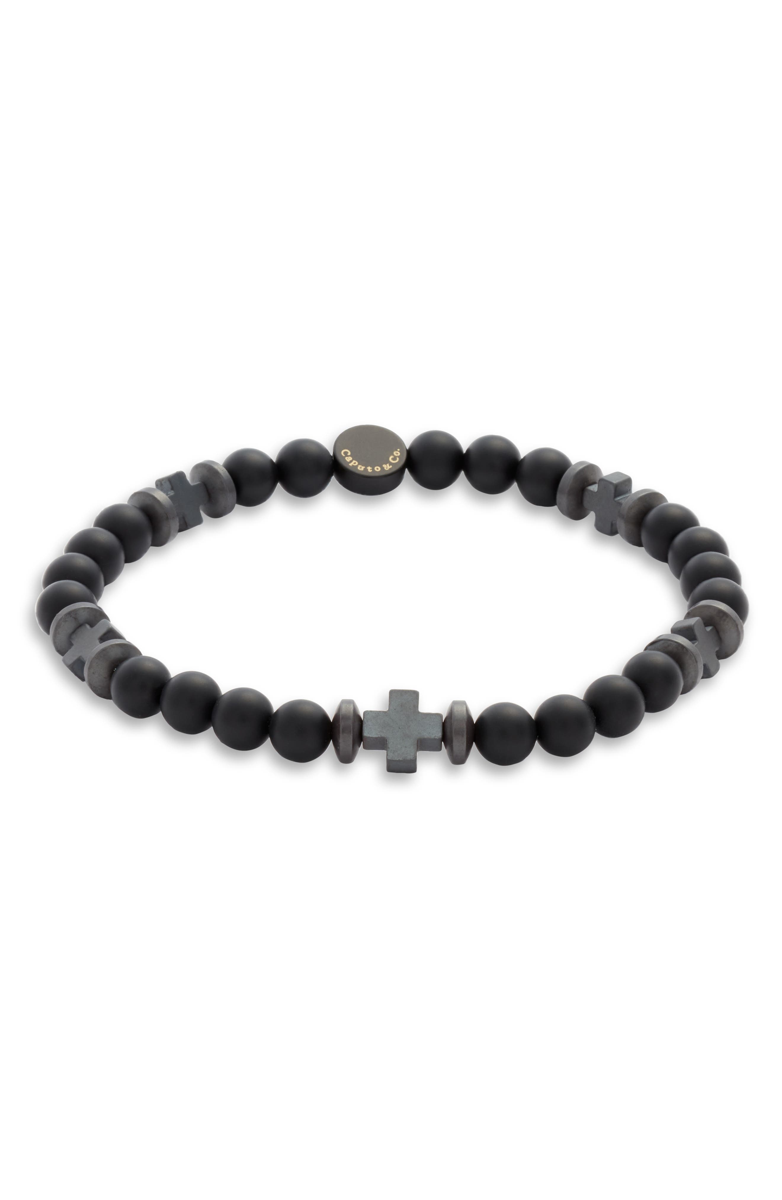 Caputo & Co. Men's Hematite & Onyx Cross Bracelet in Black Onyx 