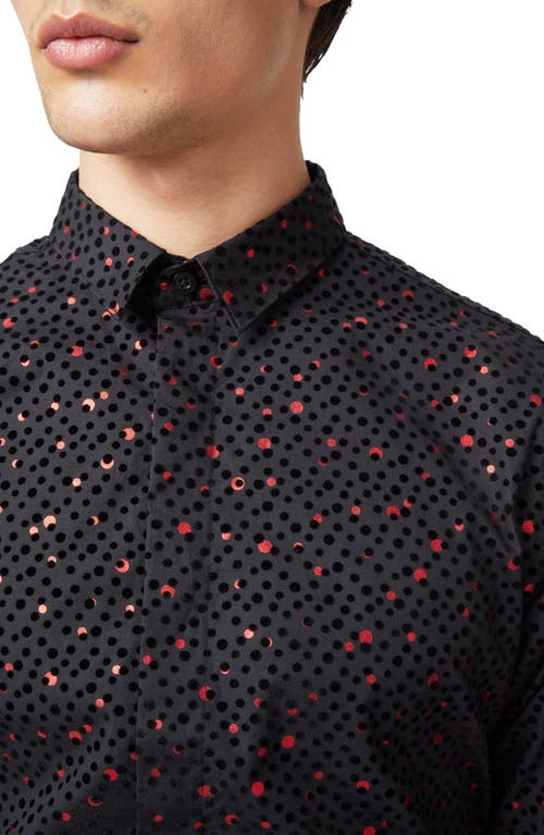 Shop Twisted Tailor Sagrada Metallic Foil Flocked Dot Slim Fit Cotton Button-up Shirt In Black Red