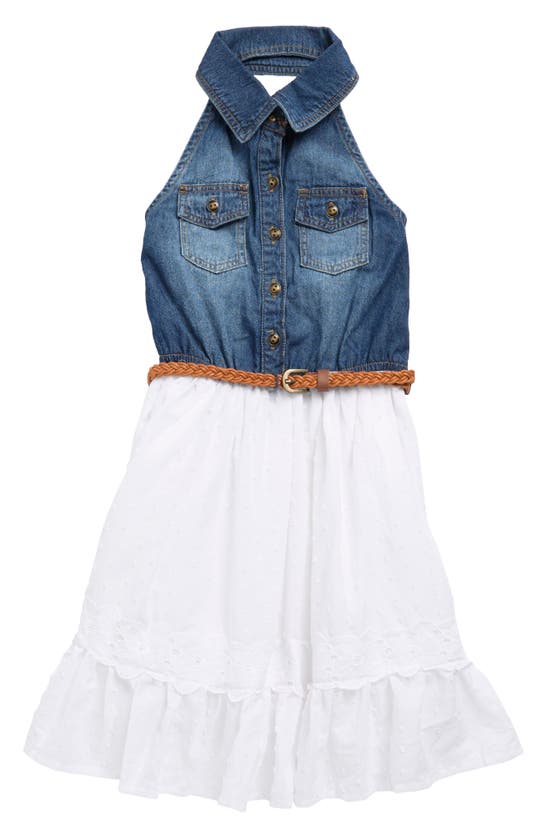 Zunie Kids' Halter Cotton Dress In Blue/ White