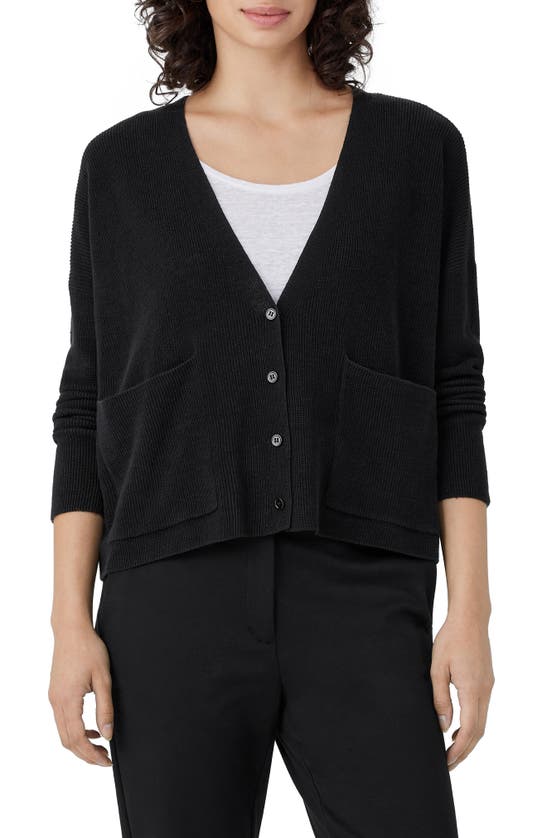 Eileen Fisher V-neck Organic Linen & Cotton Cardigan In Black
