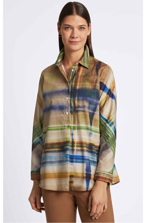 Foxcroft Delia Painterly Stripe Cotton Button-up Shirt In Blue Multi