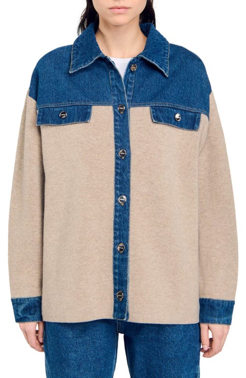 Shop Sandro Denim And Knitwear Coatigan In Beige