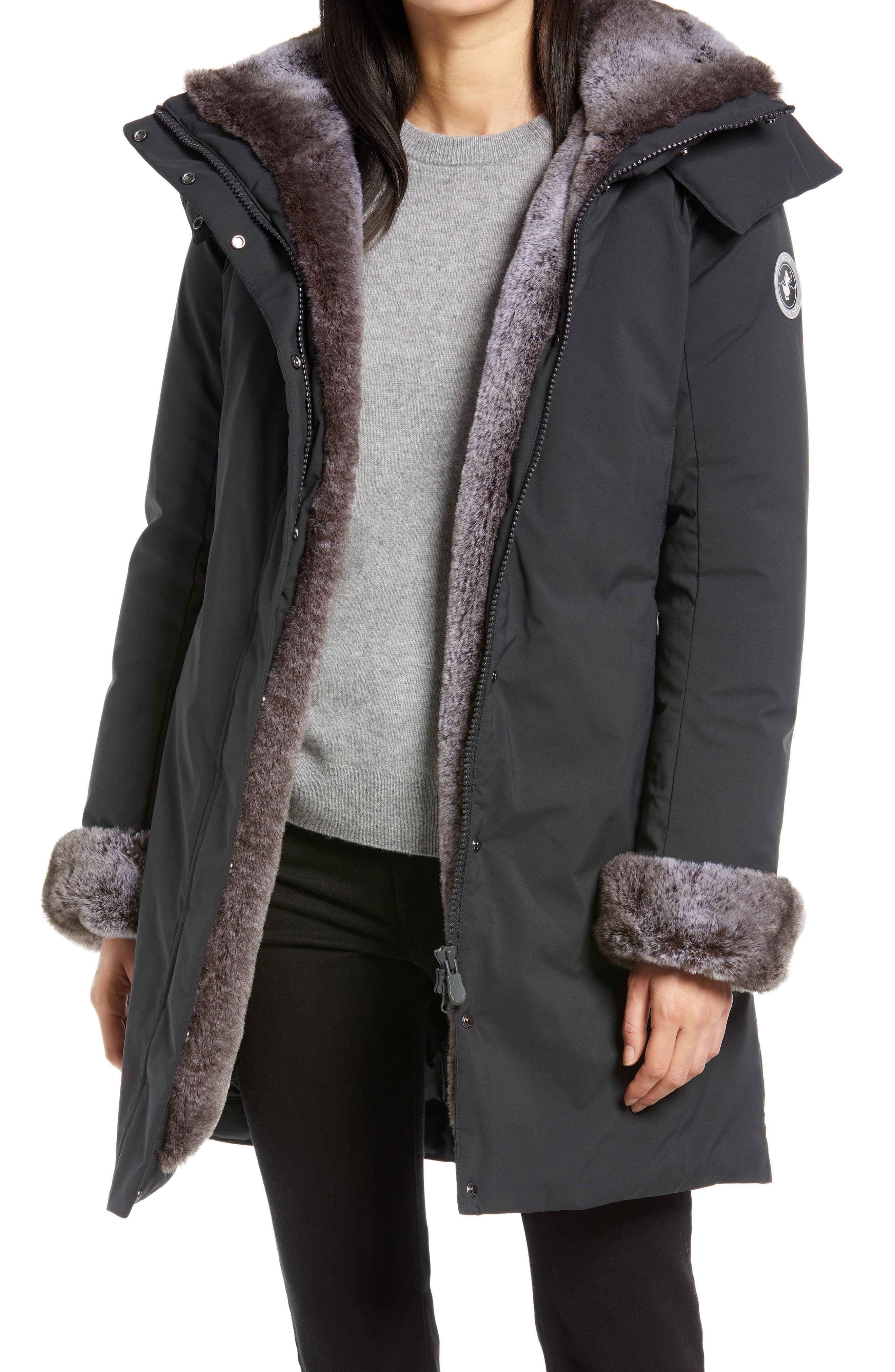 Save The Duck Smeg Waterproof Long Parka With Faux Fur Hood In Shadow Black