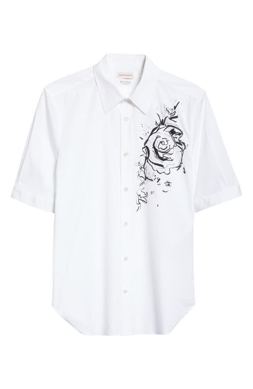 Alexander McQueen Floral Sketch Short Sleeve Stretch Cotton Button-Up Shirt White /Black at Nordstrom,