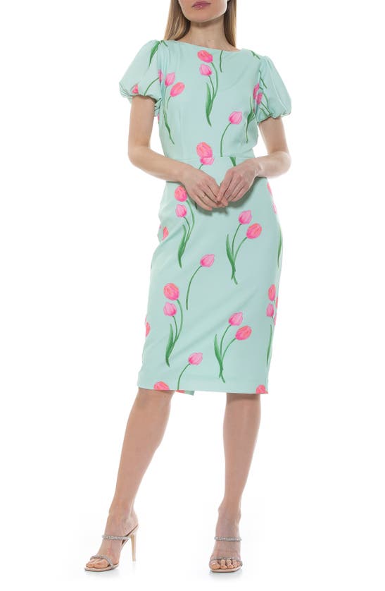 Alexia Admor Odette Puff Sleeve Midi Sheath Dress In Mint Floral