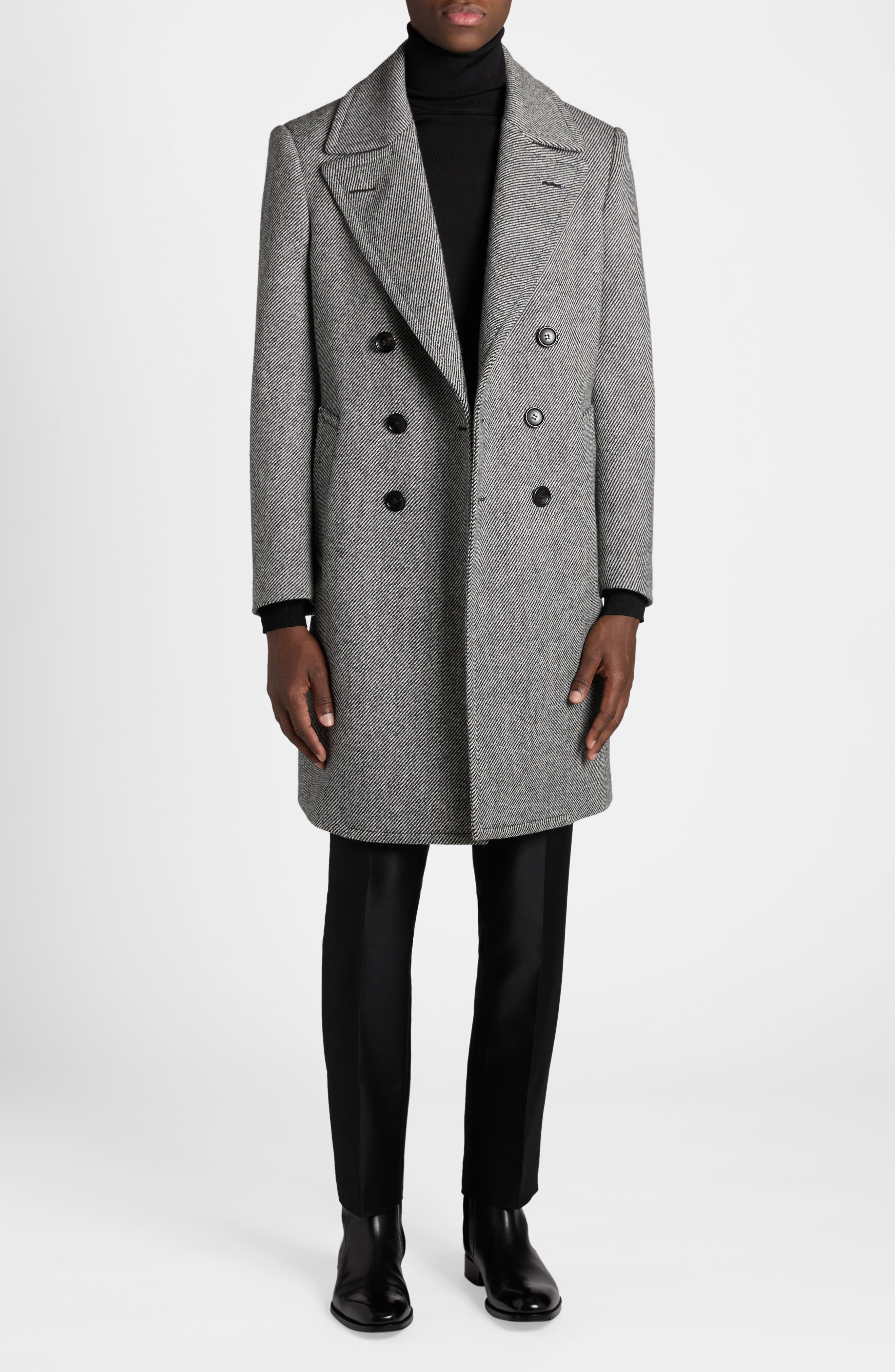 TOM FORD Double Breasted Wool Mouliné Twill Coat in Black/White Cover