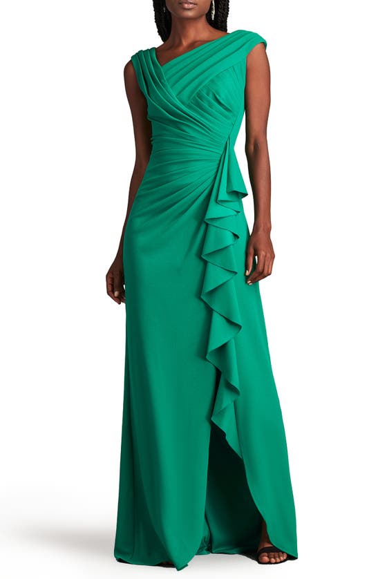 Shop Tadashi Shoji Asymmetric Neck Side Ruffle Fit & Flare Gown In Aloe Green