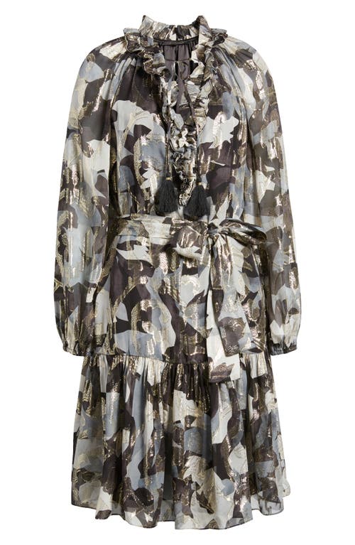Kobi Halperin Jenson Metallic Ruffle Long Sleeve Silk Dress In Graphite