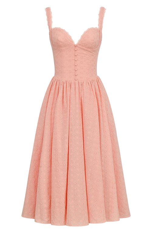 Shop House Of Cb Adalyn Eyelet Corset Midi Dress In Peach Pearl