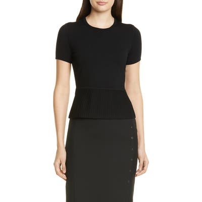 Boss Faly Short Sleeve Ribbed Peplum Wool Blend Sweater, Black