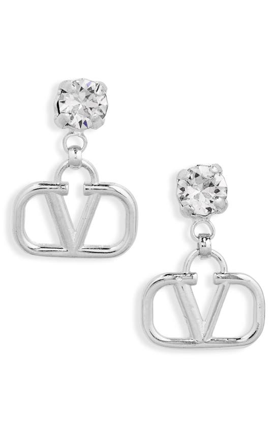 Shop Valentino Vlogo Drop Earrings In 68s Palladium/ Crystal