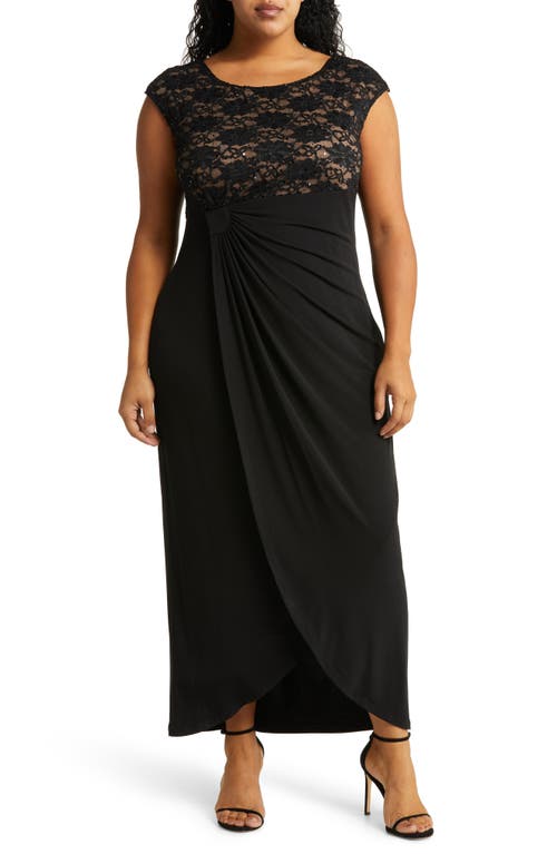 Connected Apparel Lace Bodice Cap Sleeve Dress In Black