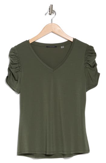 T Tahari Ruched Sleeve V-neck T-shirt In Cypress Olive