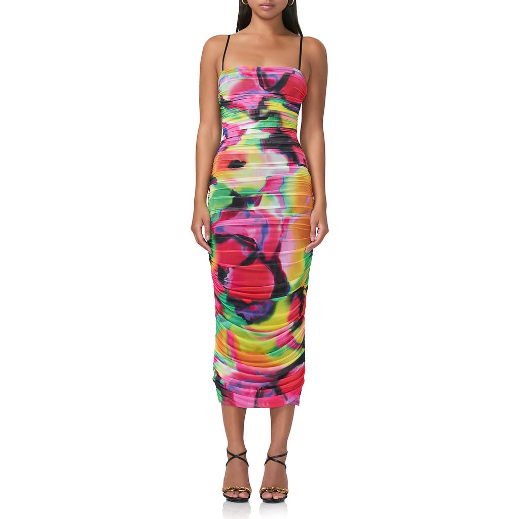 Shop Afrm Hazel Print Ruched Mesh Midi Dress In Spray Floral
