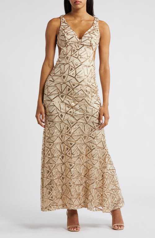 Morgan & Co. Deco Sequin Open Back Gown Light Beige/gold at Nordstrom,