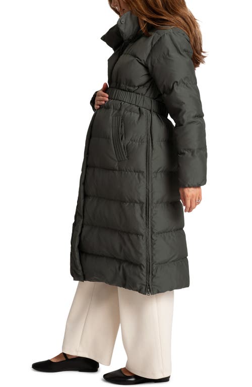 Shop Seraphine Belted Maternity Puffer Jacket With Removable Faux Fur Trim Hood In Khaki Grey