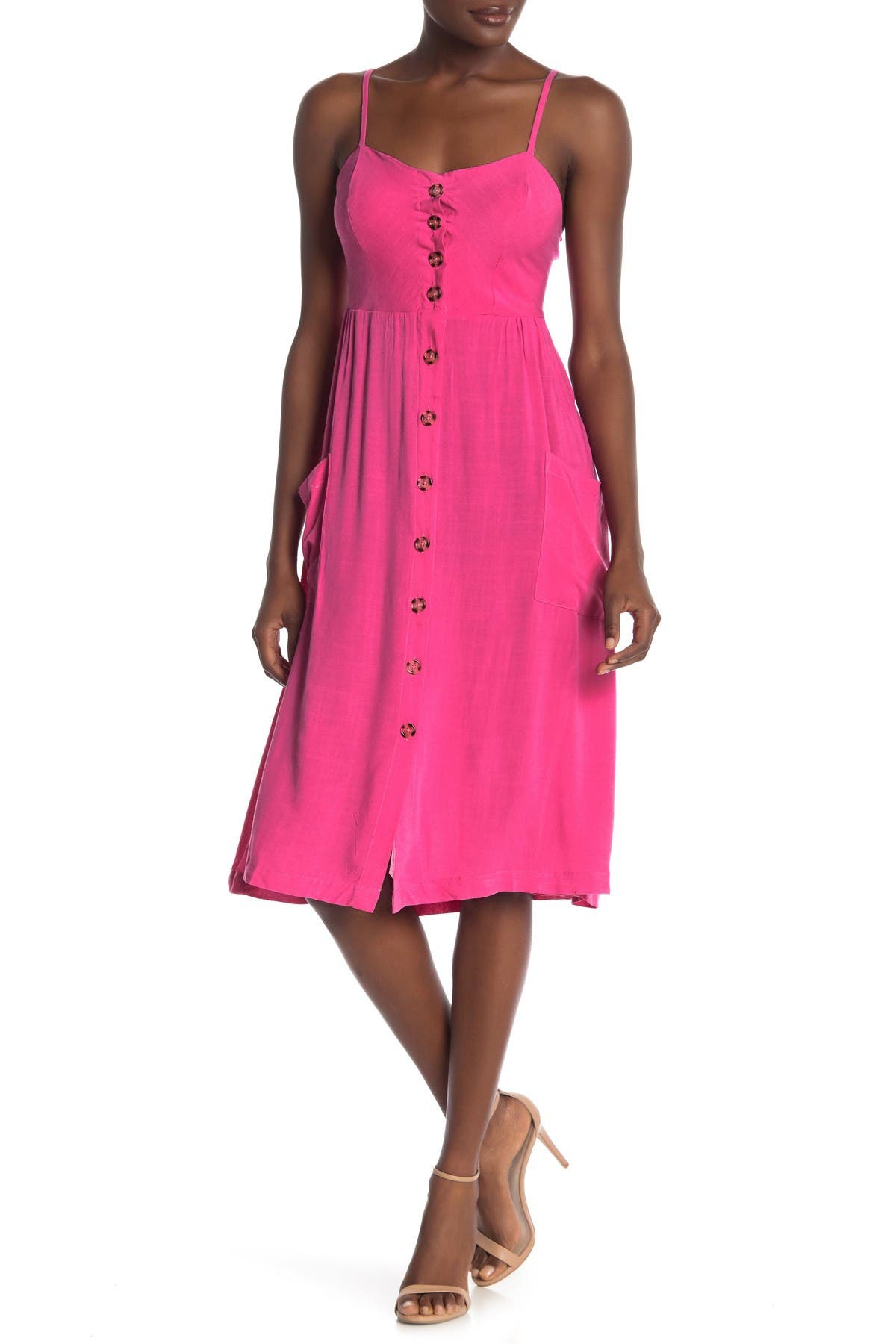 Good Luck Gem Button Front Sleeveless Midi Dress In Hot Pink | ModeSens